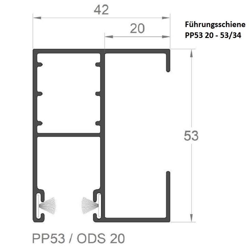 PP53 ODS 20 - Alu-Führungsschiene mit Versetzung (20 mm) 53 x 34 mm